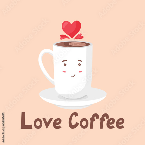 Cute white coffee mug with hearts. Love Coffee lettering. Vector illustration