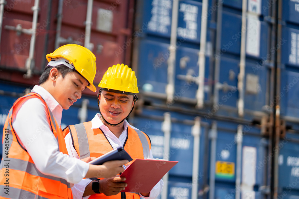 Engineer staff team checking and inspect container for international business logistic import and export concept. transportation import, export logistic industrial service. Engineer staff team checking and inspect container for international business logistic import and export concept. transportation import, export logistic industrial service.