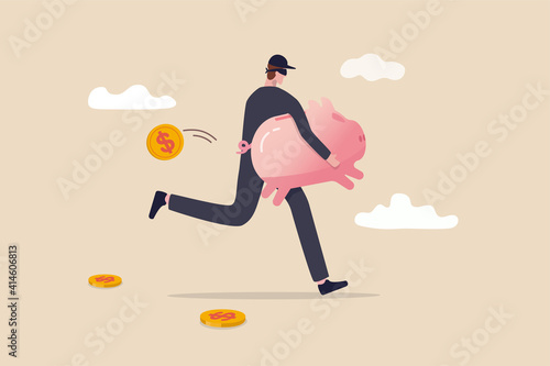 Financial crime, stealing money, investment risk or banking security concept, young man with black mask bandit costume or thief stealing or carrying wealthy piggy bank away with dollar coins falling.