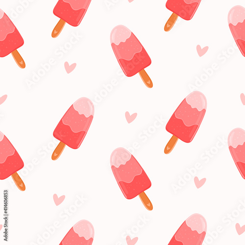 Hand drawn ice cream vector seamless pattern. Summer dessert background with popsicles and hearts