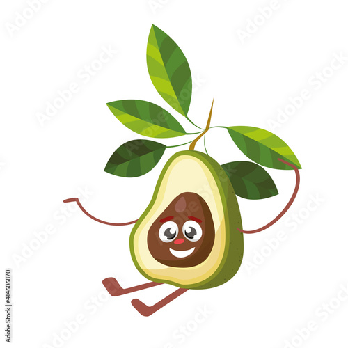 Cute and funny avocado character in comic style looking up, cartoon vector illustration isolated on white background.