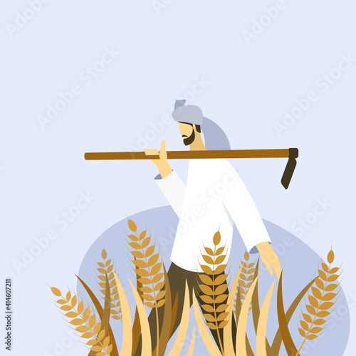 A farmer holding a spade walks through a wheat farm