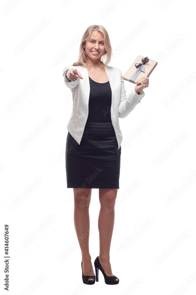 smiling business woman with a gift box . isolated on a white background. smiling business woman with a gift box . isolated on a white background.