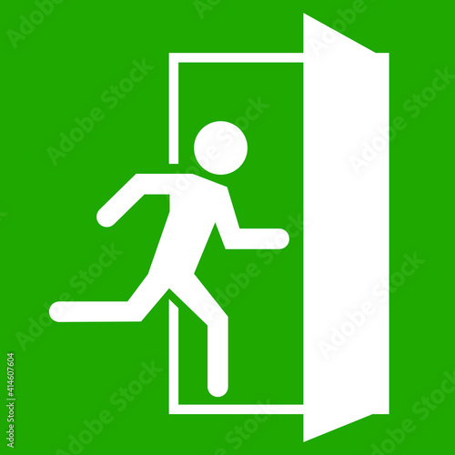 emergency fire exit sign with running man icon to door. green color. arrow vector. warning sign plate