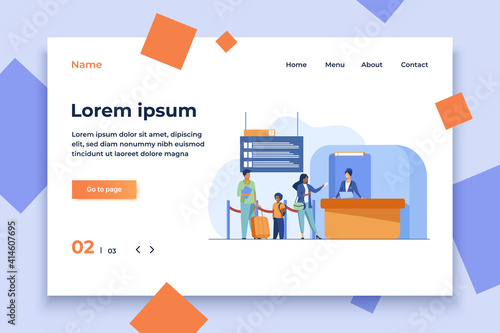 People standing at flight registration counter. Family, baggage, ticket flat vector illustration. Travelling and vacation concept for banner, website design or landing web page