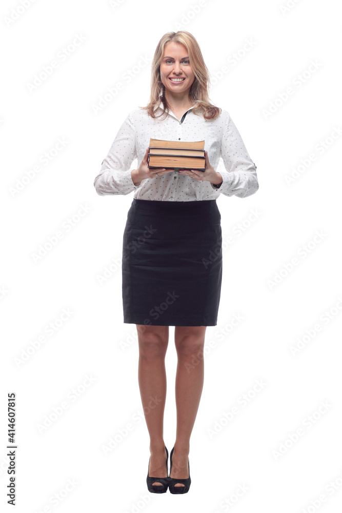 smiling business woman with a stack of books. isolated on a white background. smiling business woman with a stack of books. isolated on a white background.