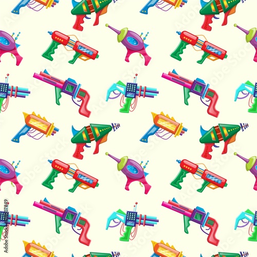 Vector cartoon style seamless pattern of kids colorful blasters.