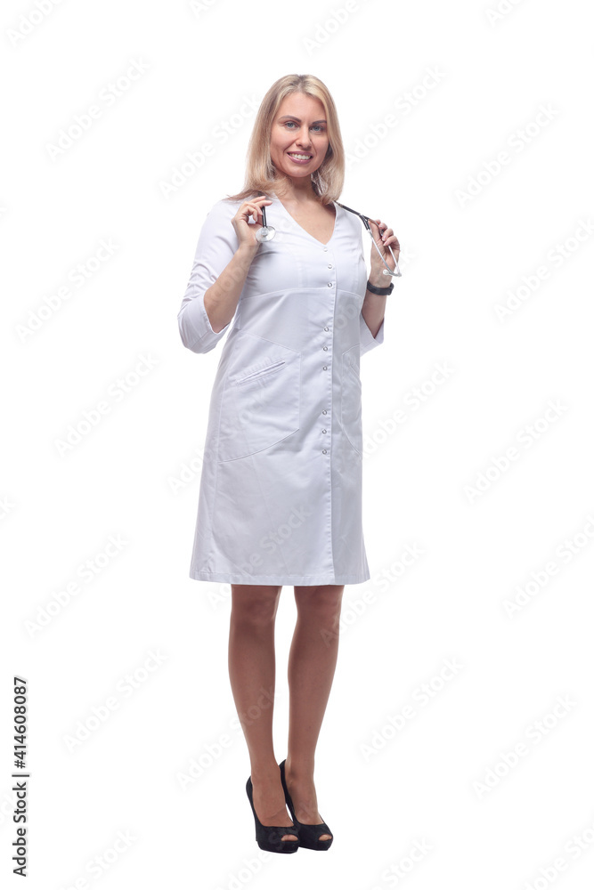 attractive doctor in a white coat looking at you. attractive doctor in a white coat looking at you.