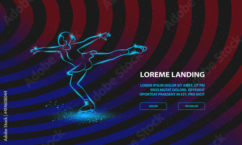 Figure skating neon illustration. Vector girl dances on ice for Landing Page Template.