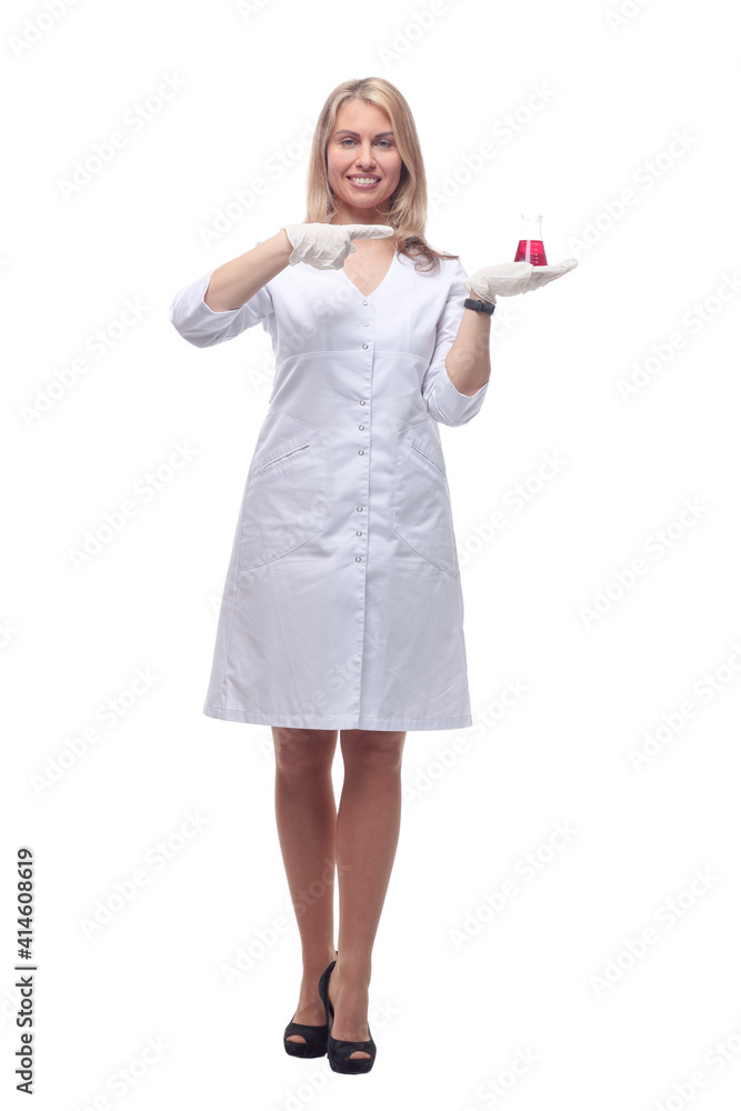 female laboratory assistant pointing at the liquid in the laboratory bottle . female laboratory assistant pointing at the liquid in the laboratory bottle .