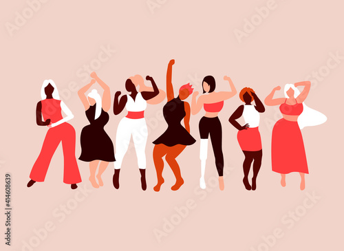 Happy girls dancing. Body positivity. Love your body. Different skin color and body size women characters. Flat vector illustration for postcard, banner, poster, app. Eps 10