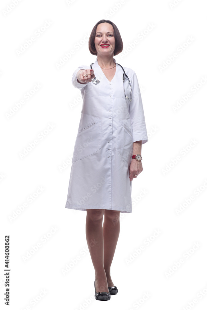 friendly senior doctor pointing at you . isolated on a white background. friendly senior doctor pointing at you . isolated on a white background.
