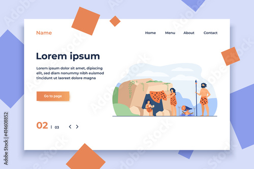 Prehistoric family couple and kid wearing leopard hides, cooking food at cave entrance. Vector illustration for ancient people stone age, caveman dinner concept