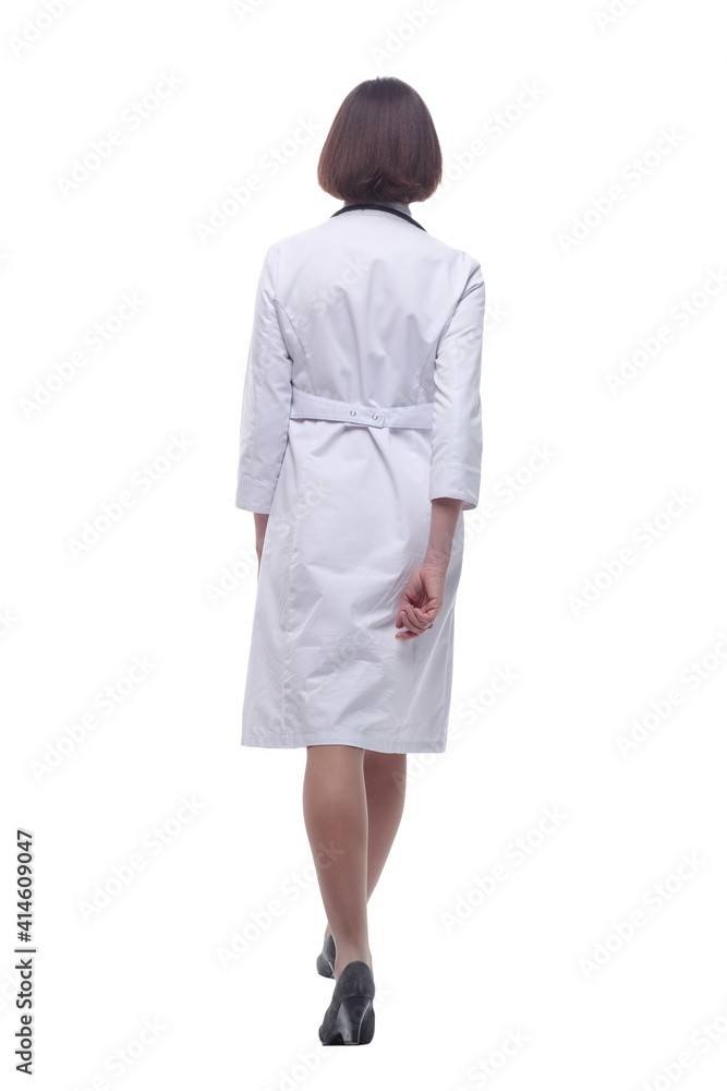 tired woman doctor walking away . isolated on a white background. tired woman doctor walking away . isolated on a white background.
