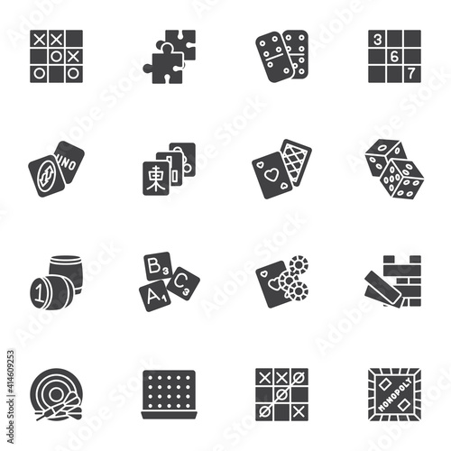 Board games vector icons set, modern solid symbol collection, filled style pictogram pack. Signs, logo illustration. Set includes icons as playing card, puzzle, dominoes game, tic tac toe