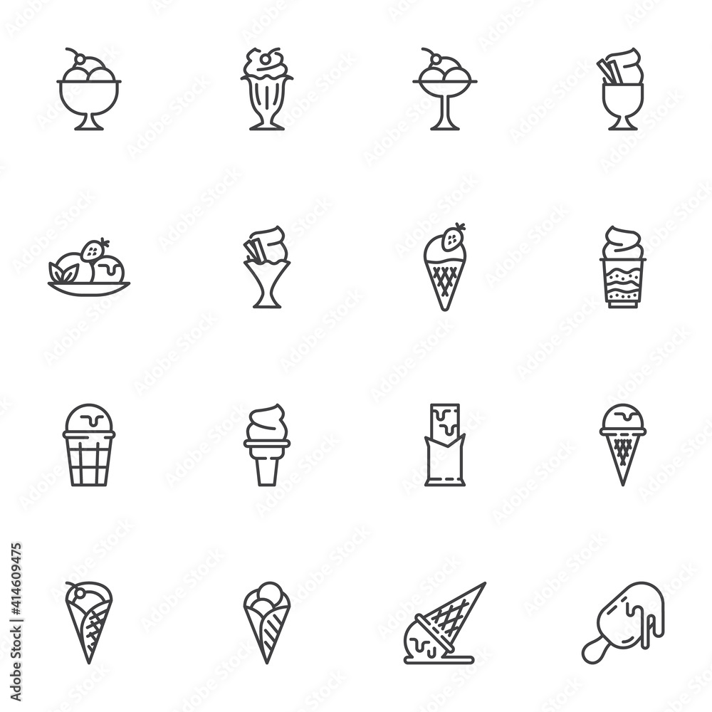 Ice cream menu line icons set, outline vector symbol collection, linear style pictogram pack. Signs, logo illustration. Set includes icons as sundae, parfait sorbet, waffle ice cream cone Ice cream menu line icons set, outline vector symbol collection, linear style pictogram pack. Signs, logo illustration. Set includes icons as sundae, parfait sorbet, waffle ice cream cone
