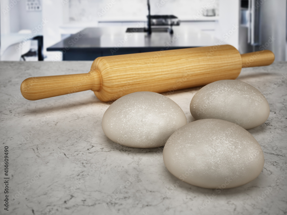 Rolling pin and fresh raw doughs standing on the kitchen counter. 3D illustration Rolling pin and fresh raw doughs standing on the kitchen counter. 3D illustration