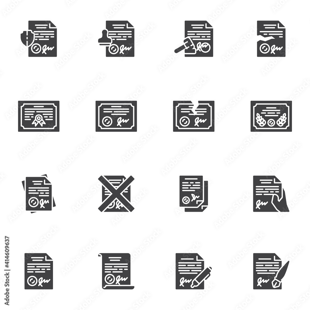 Legal documents vector icons set, modern solid symbol collection, filled style pictogram pack. Signs, logo illustration. Set includes icons as quality certificate, contract document, license stamp