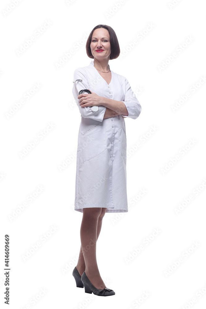 experienced female doctor looking at you . isolated on a white background. experienced female doctor looking at you . isolated on a white background.