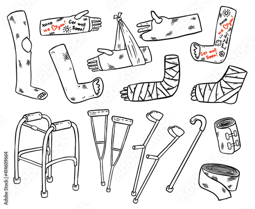 Set of crutches for disabled people with broken legs, arms and hands cast doodles. Collection of injured limbs in gypsum plasters and walking support. Media glyph symbols