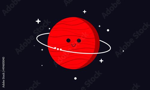 smiling cute planet in dark space. red Saturn with rings and stars on black background. animated cartoon illustration hand drawn of astronomy science vector.