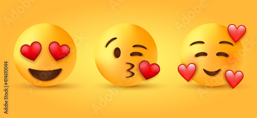 Smiling Face with Smiling Eyes and Three Hearts - In Love Face emoticon - 3d love eyes emoji, Smiling emoticon Face with Heart Eyes - 3d kiss face, Kissing face emoji with red heart, Blowing a Kiss 