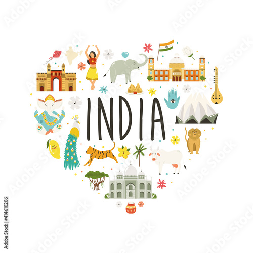 Travel poster with famous destinations and landmarks of India