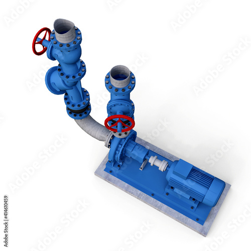3D model of an industrial pump and pipe section with shut off valves on a white isolated background. 3d illustration.