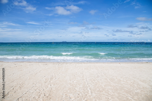 Bluesky with clouds over the sea with sand on the beach at Thailand. Clouds scape in the morning with sea wave.