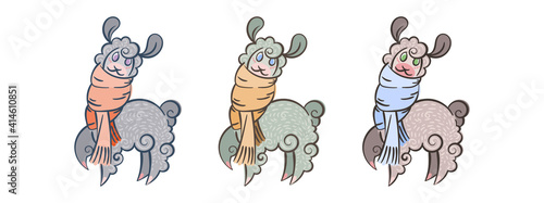 Set of cute curly alpacas in a warm and cozy scarf. Vector illustration with border in different colors for coloring pages, children and adult prints, baby shower