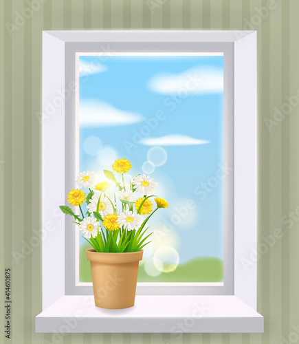 Window in interior, spring, flower pot with flowers daisy and dandelions on windowsill. Vector illustration template, isolated realistic, banner