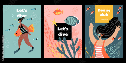Set of vector flyers or banners for a diving club with cute divers girls surrounded by fish  algae and corals