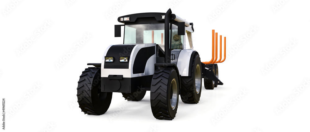 White tractor with a trailer for logging on a white background. 3d rendering. White tractor with a trailer for logging on a white background. 3d rendering.
