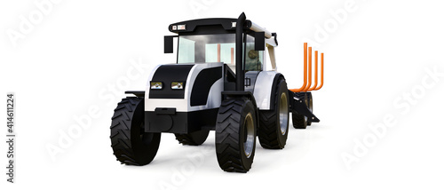 White tractor with a trailer for logging on a white background. 3d rendering.