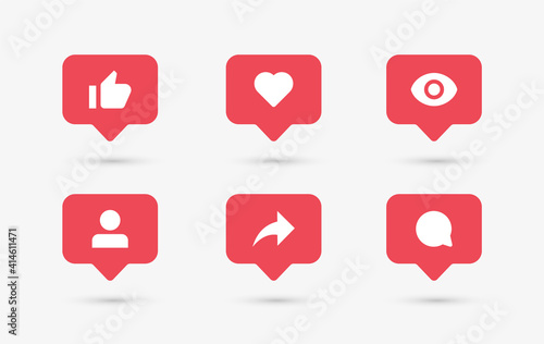 Social media notification icons in speech bubbles like love comment share follower seen icon