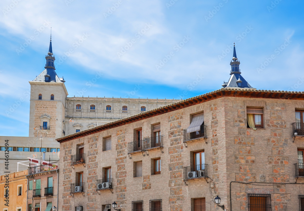 Old Toledo architecture with towers of Alcazar, Spain