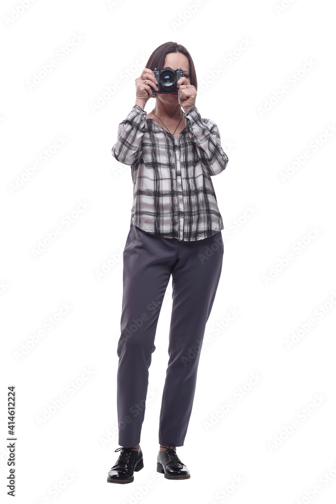 modern mature woman photographing you. isolated on white background. modern mature woman photographing you. isolated on white background.