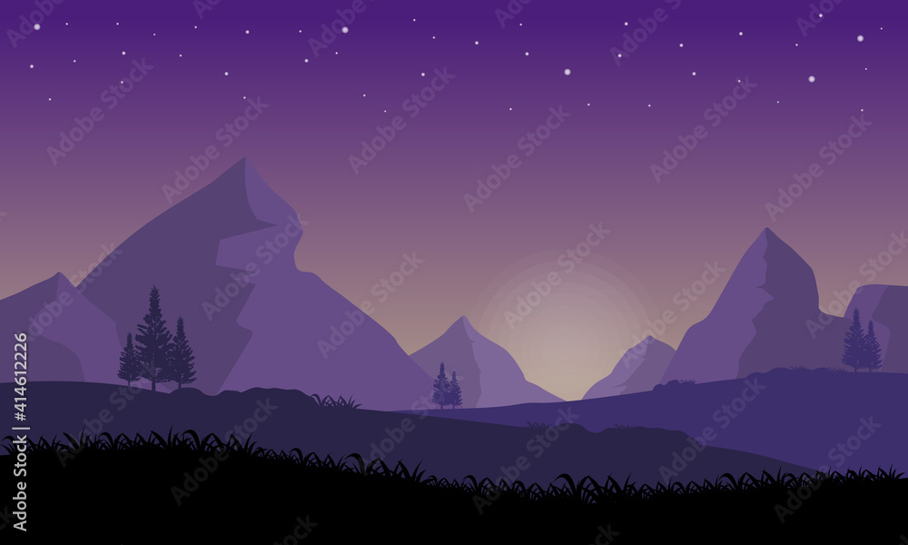 Beautiful view of starry sky and mountains at night. Vector illustration