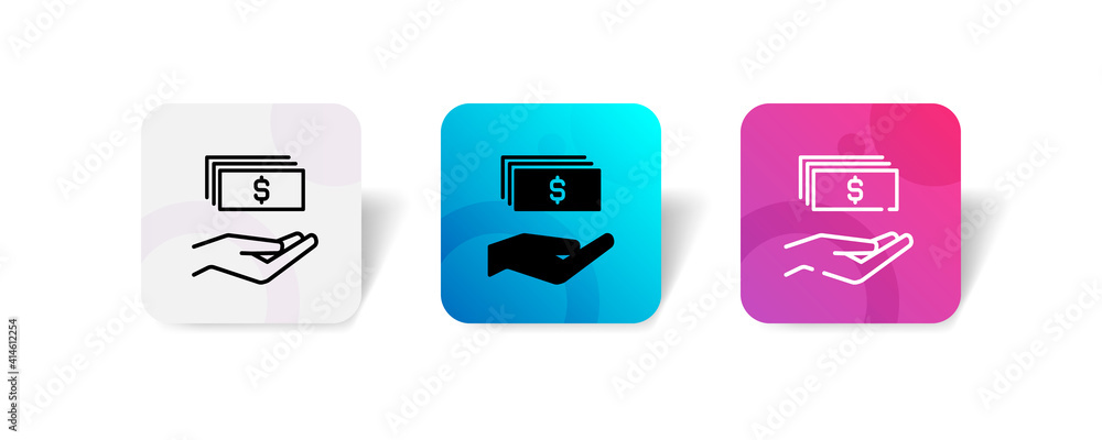 pixel perfect hand with money paper charity donation icon set in line, solid, glyph, 3d gradient style
