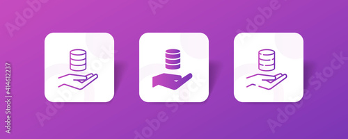 pixel perfect hand with coin stack icon set in line, solid, glyph, 3d gradient style