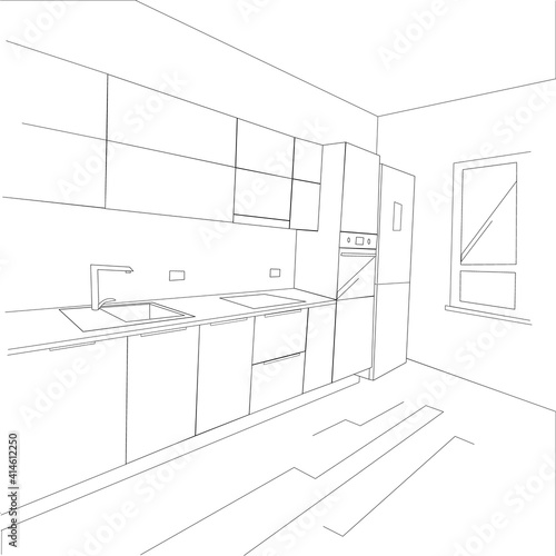 Scheme of the interior of the kitchen with furniture. Perspective