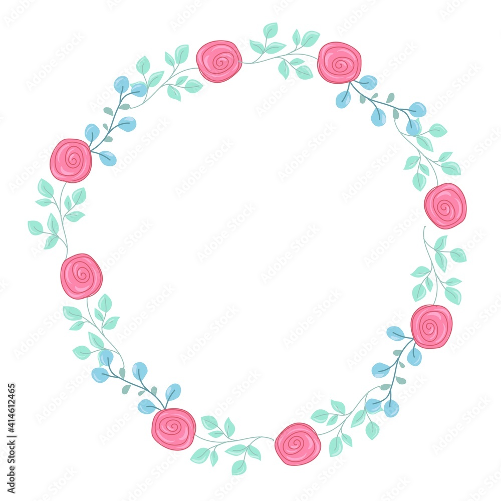 A wreath or frame of simple flowers. Round shape pattern. Wind illustration isolated on white background