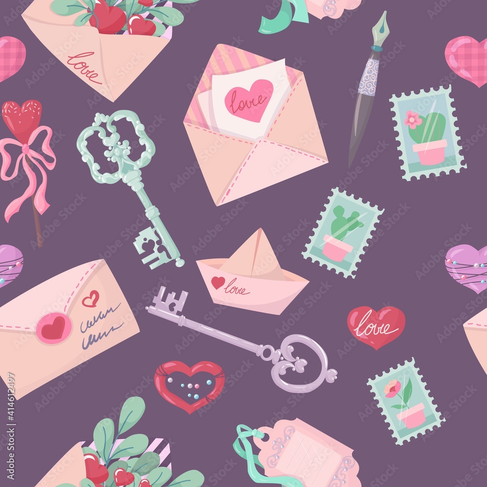 Romance and Valentine's Day. keys, letters with declarations of love and hearts. Seamless pattern of objects drawn in cartoon style vector illustration