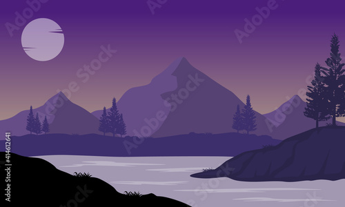 The beauty of the full moon and mountains at night on the riverbank. Vector illustration