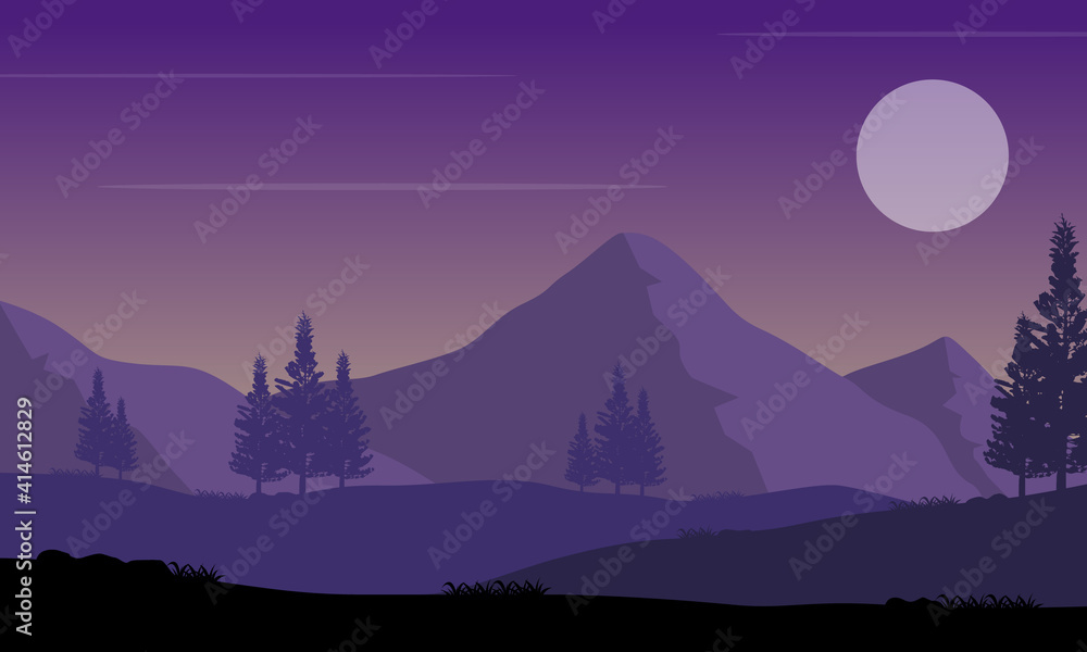 The night warm atmosphere view with the beautiful color of the sky and the full moon. Vector illustration