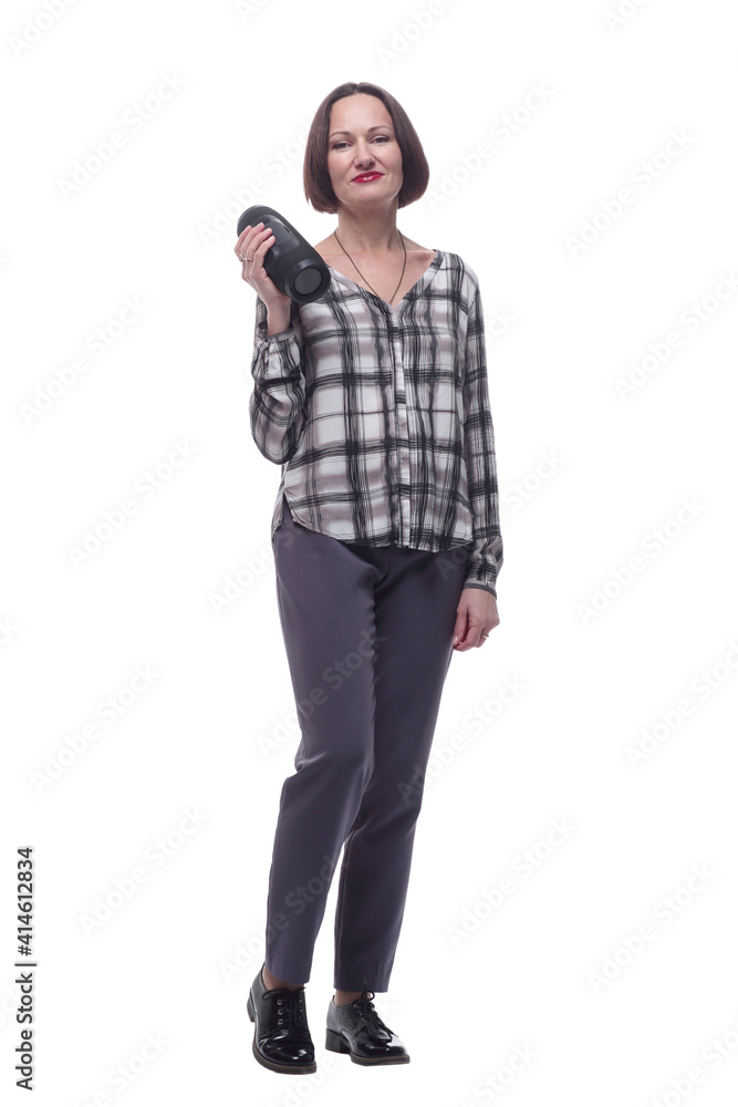 happy mature woman with smart wireless column. happy mature woman with smart wireless column.