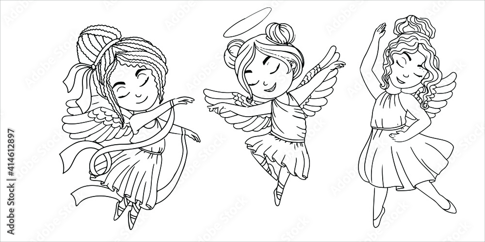 Set of Dancing Angels. Wings and halo. Children are dressed like angels. Simple drawing in pastel colors. Vector illustration in cartoon style isolated on white background.