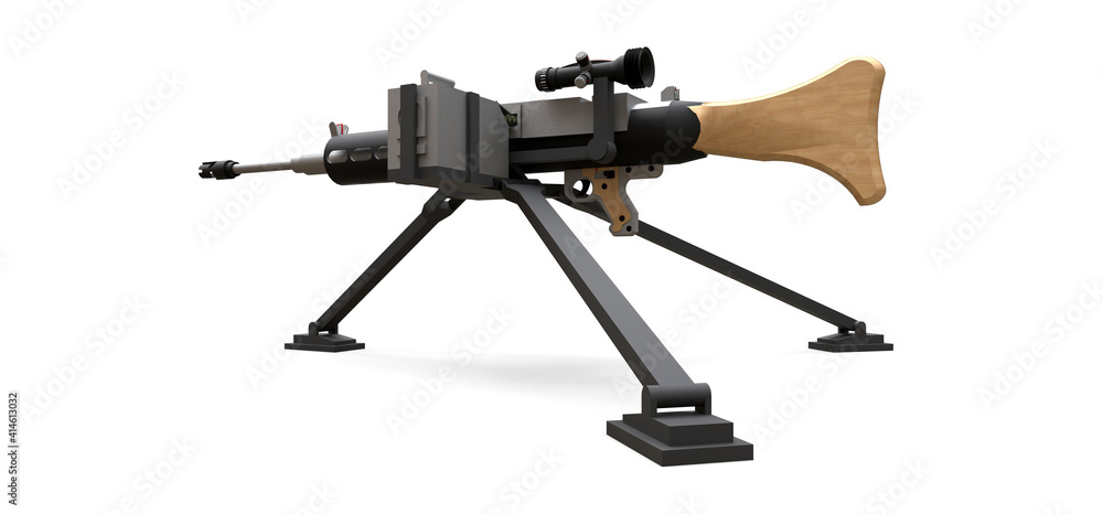 Large machine gun on a tripod with a full cassette ammunition on a white background. 3d ilustration. Large machine gun on a tripod with a full cassette ammunition on a white background. 3d ilustration.