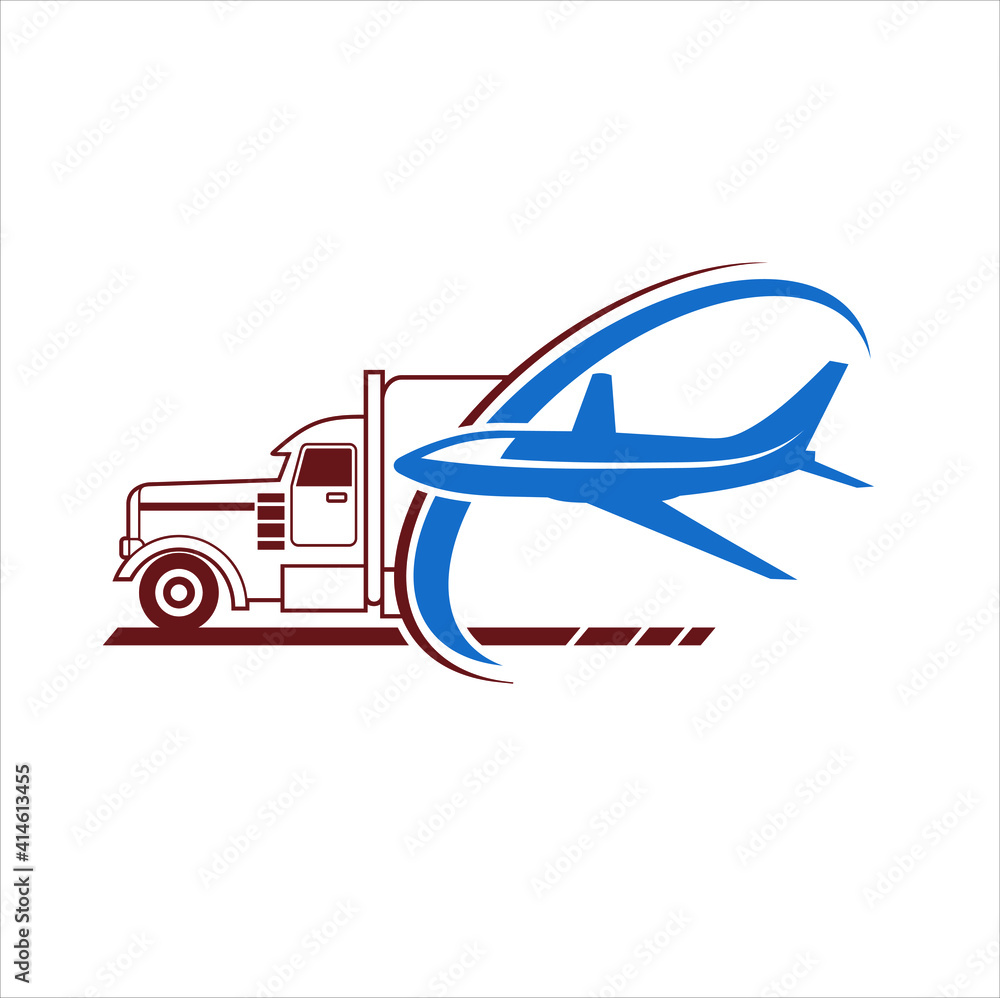 a trailer truck and airplane illustrations, icons for delivery service industries.