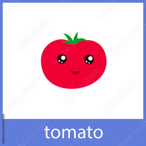 Tomato cute vegetable. English vocabulary word card.